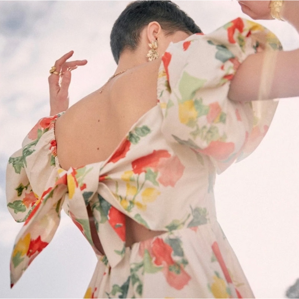 Sezane 4 Carlotta Linen Puff Sleeve Maxi Dress $450 Floral Poppy Square Neck 36 - Picture 3 of 13